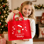 Bolso de lino rojo ecológico con diseño personalizado de renos navideños, con nombre e iniciales; ideal para el uso diario y como regalo para fiestas navideñas para familiares y amigos 3