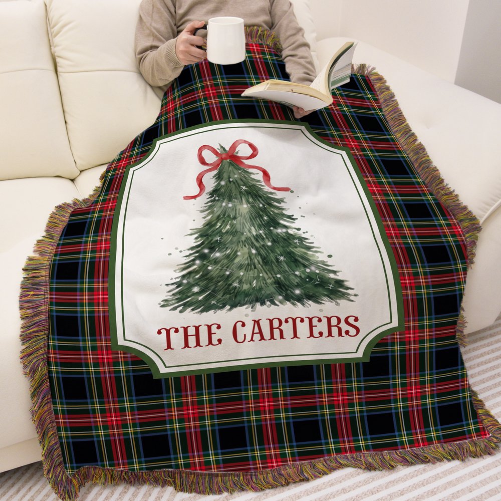 Personalized Watercolor Christmas Tree Buffalo Plaid Fleece Blanket with Tassels and Family Surname Soft Home Decor Christmas Gift for Family Friends 5