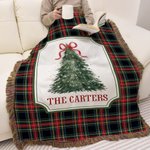 Personalized Watercolor Christmas Tree Buffalo Plaid Fleece Blanket with Tassels and Family Surname Soft Home Decor Christmas Gift for Family Friends 5