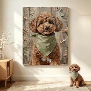 Stampe su tela personalizzate con foto di animali domestici in stile pittura a olio, con motivi floreali e spatole in legno, con testo, per l'arredamento della casa. Spedite dagli Stati Uniti. Regalo di compleanno per i proprietari di animali domestici
