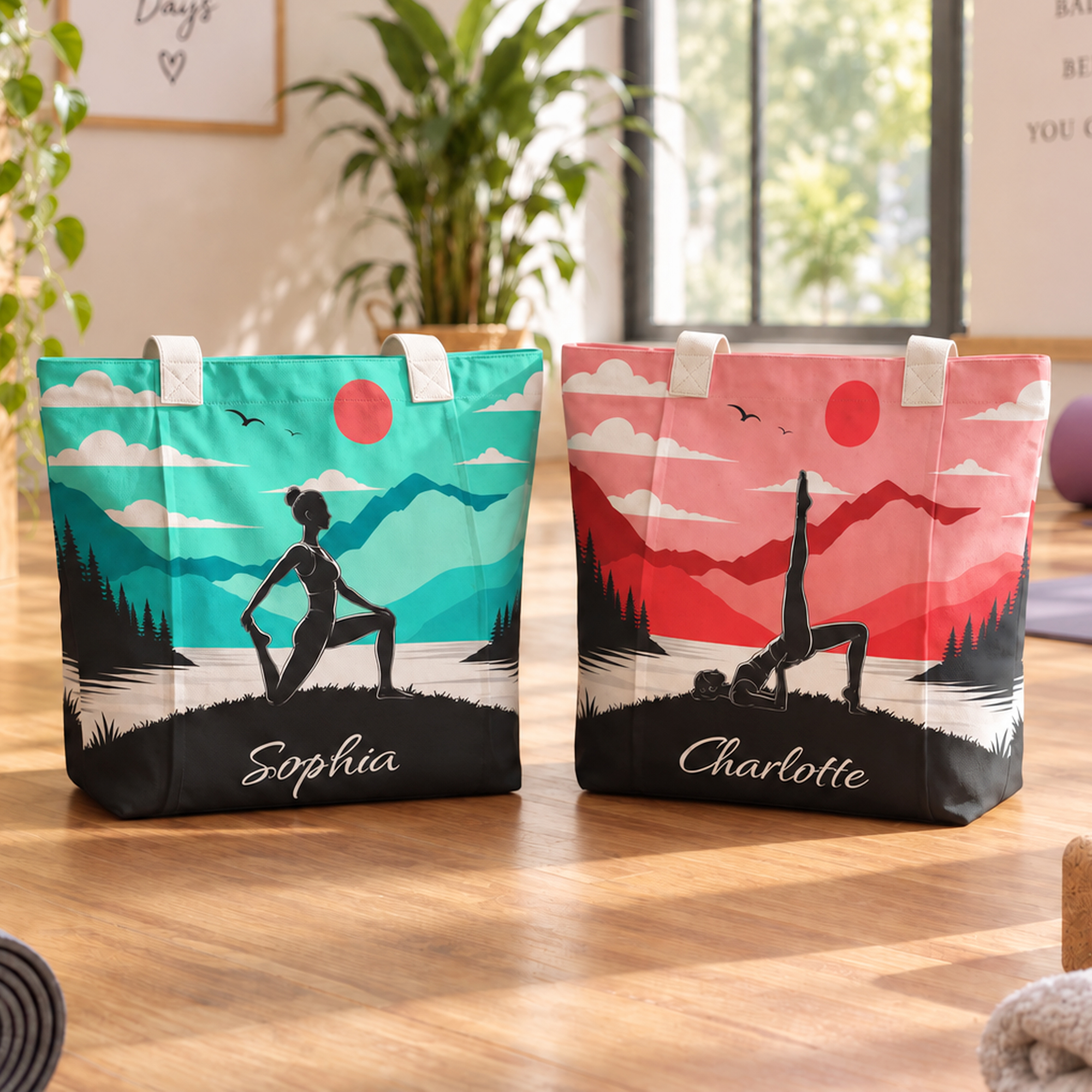 Personalisierte, mehrfarbige Yoga-Silhouette-Matten-Tragetasche mit Namen – Yoga-Accessoires, Sportgeschenk für Frauen und Yoga-Liebhaberinnen
