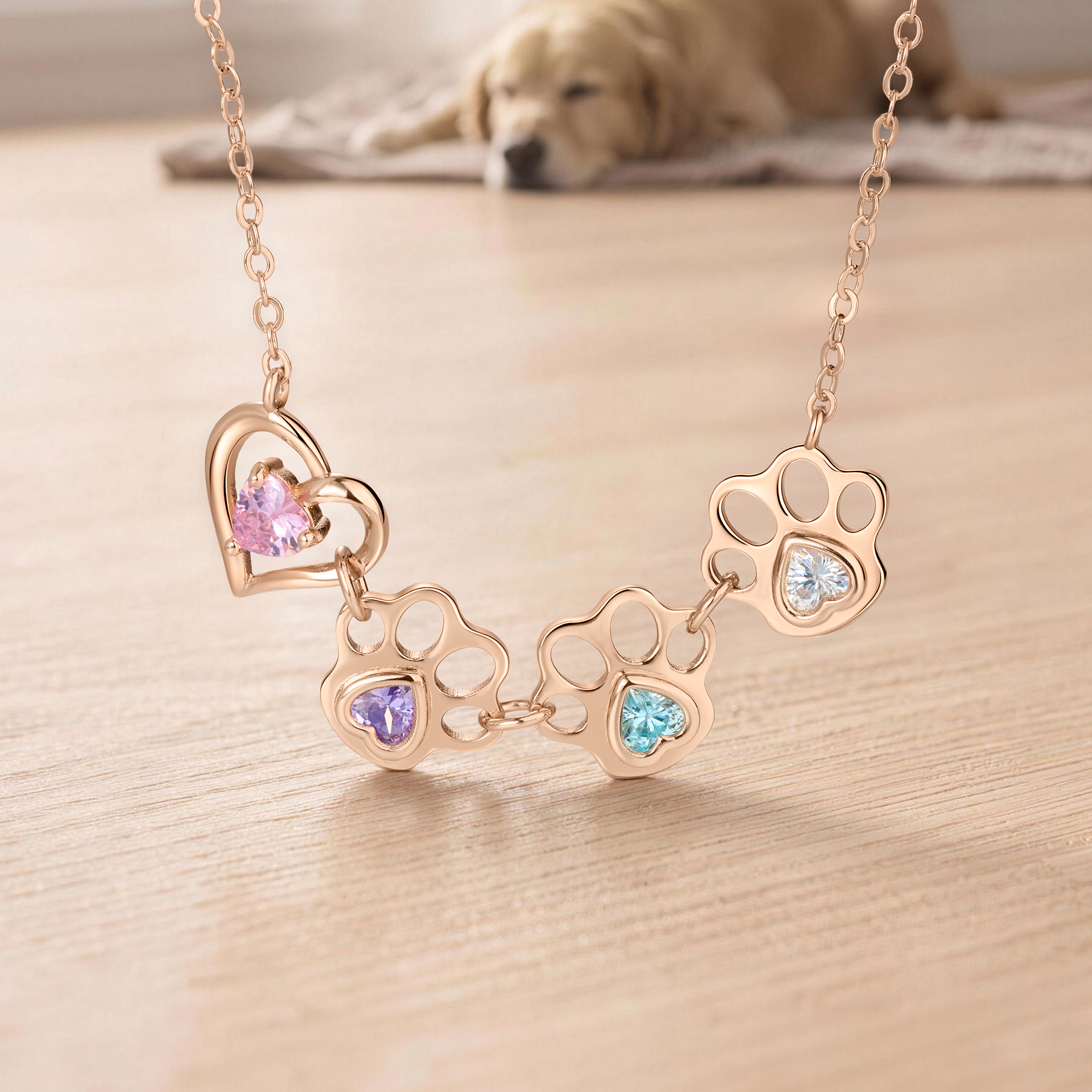 Personalized Heart Dog Cat Paw Print Pendent Sterling Silver Necklace with Birthstone Elegant Jewelry Birthday Gift for Pet Lovers