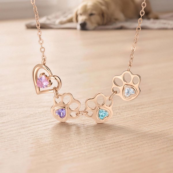 Personalized Heart Dog Cat Paw Print Pendent Sterling Silver Necklace with Birthstone Elegant Jewelry Birthday Gift for Pet Lovers