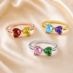 Personalized Double Heart Birthstone Sterling Silver Ring with Engraved Names Dainty Jewellery Anniversary Birthday Wedding Gift for Couple Family
