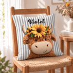Personalised 3D-Effect Artwork Sunflower Highland Cow Striped Soft Cushion Cover with Name Birthday Gift for Kids Highland Cow Lovers