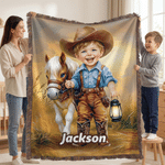 Personalised Horse Western Cowboy Style Cartoon Character Tassel Soft Throw Blanket with Name Home Decor Birthday Gift for Kid