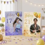 Tarjeta de felicitación personalizada con foto y globos de «Feliz cumpleaños», con nombre y edad, y sobre. Regalo de cumpleaños para familiares y amigos 7