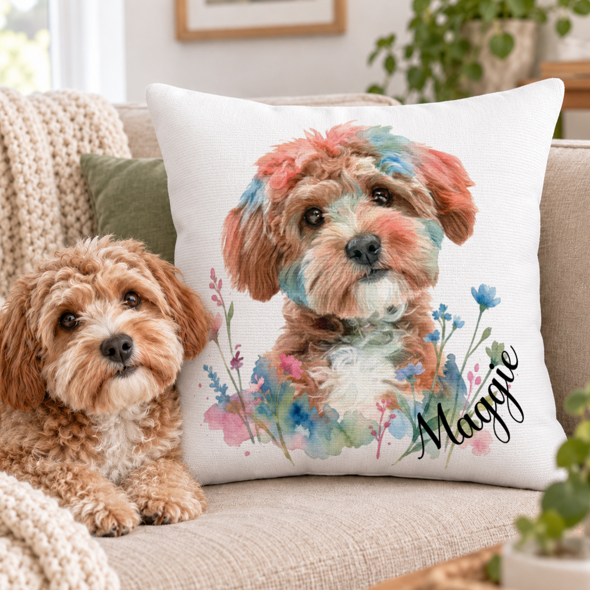 Individuell gestalteter, weicher Kissenbezug mit Aquarell-Blumenmotiv und Foto Ihres Haustieres sowie dessen Namen – Wohnaccessoire für das Sofa, Geburtstagsgeschenk für Haustierbesitzer