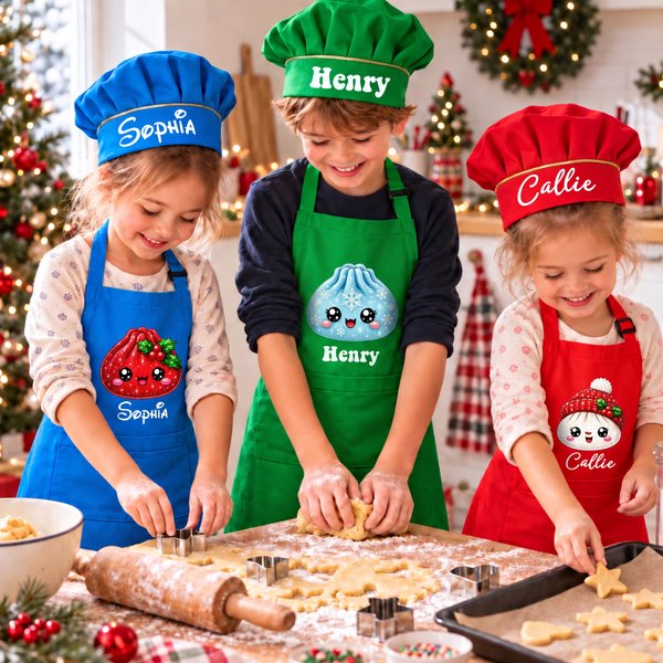 Personalised Cute Christmas Crystal Dumpling Adjustable Kid Apron Chef Hat Set with Pocket and Name Cooking Christmas Party Gift for Boys Girls