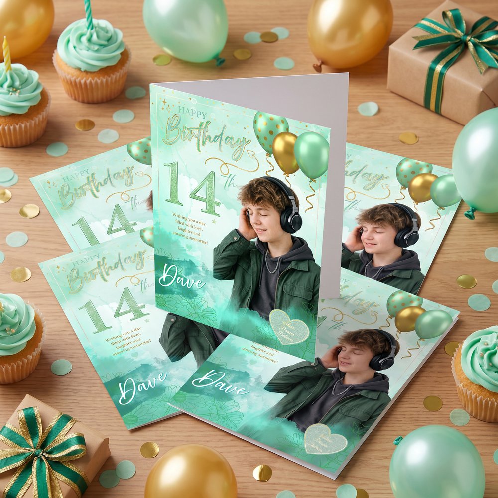 Tarjeta de felicitación personalizada con foto y globos de «Feliz cumpleaños», con nombre y edad, y sobre. Regalo de cumpleaños para familiares y amigos 4