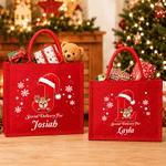 Bolso de lino rojo ecológico con diseño personalizado de renos navideños, con nombre e iniciales; ideal para el uso diario y como regalo para fiestas navideñas para familiares y amigos 2
