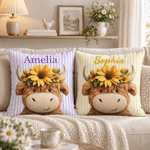 Personalised 3D-Effect Artwork Sunflower Highland Cow Striped Soft Cushion Cover with Name Birthday Gift for Kids Highland Cow Lovers