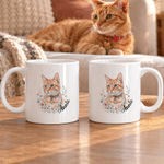 Tasse en céramique personnalisée de 11 oz ou 15 oz, avec photo d'un personnage de dessin animé floral à l'aquarelle représentant un animal de compagnie et son nom – Cadeau de Noël pour les amoureux de