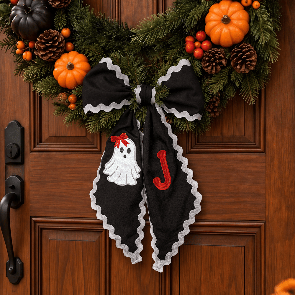 Personlig broderi med initialer, glitterbue, spøkelse, bølget slips, krans, sjal – høstdekorasjon, Halloween, innflyttingsgave til familie og venner 4