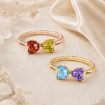 Personalized Double Heart Birthstone Sterling Silver Ring with Engraved Names Dainty Jewellery Anniversary Birthday Wedding Gift for Couple Family