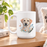 Tasse en céramique personnalisée de 11 oz ou 15 oz, avec photo d'un personnage de dessin animé floral à l'aquarelle représentant un animal de compagnie et son nom – Cadeau de Noël pour les amoureux de