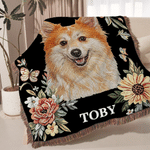 Couverture douce à motifs floraux personnalisée avec portrait mignon d'animal de compagnie, prénom et pompon – Décoration d'intérieur et cadeau d'anniversaire pour les amoureux des animaux et les prop