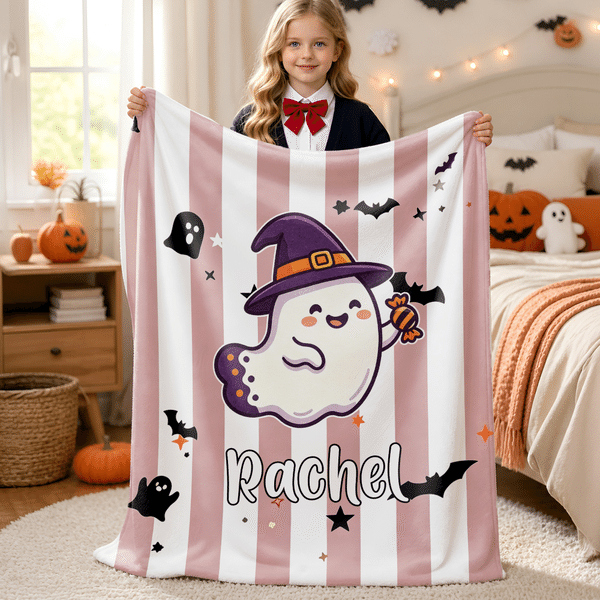 Couverture douce personnalisée avec motif mignon sur le thème d'Halloween et prénom – Décoration d'intérieur – Cadeau d'Halloween pour la famille, les amis et les enfants