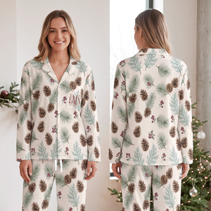 Personalised Monogram Festive Stripes Holly Pine Pyjamas Set with Initials Home Wear Birthday Christmas Gift for Female Friends