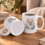 Tasse en céramique personnalisée de 11 oz ou 15 oz, avec photo d'un personnage de dessin animé floral à l'aquarelle représentant un animal de compagnie et son nom – Cadeau de Noël pour les amoureux de