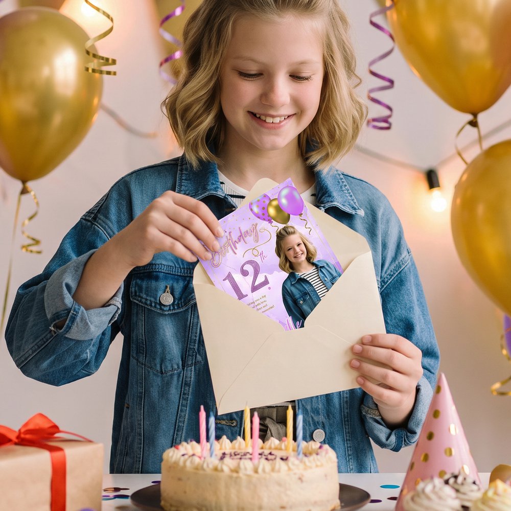 Tarjeta de felicitación personalizada con foto y globos de «Feliz cumpleaños», con nombre y edad, y sobre. Regalo de cumpleaños para familiares y amigos 3