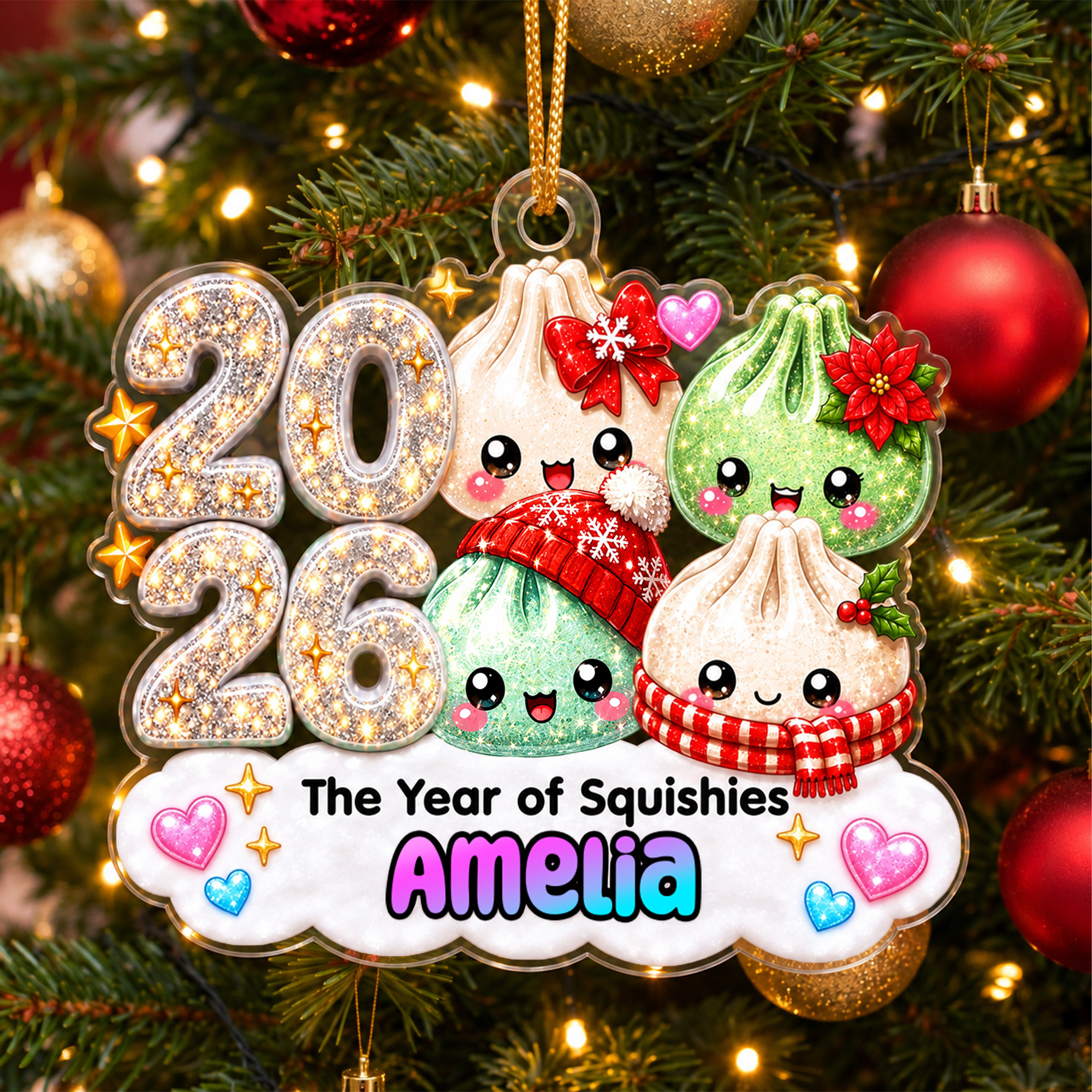 Personalised Christmas Theme Dumpling Acrylic Hanging Ornament with Name Tree Decoration Christmas Gift for Family Kids Friends