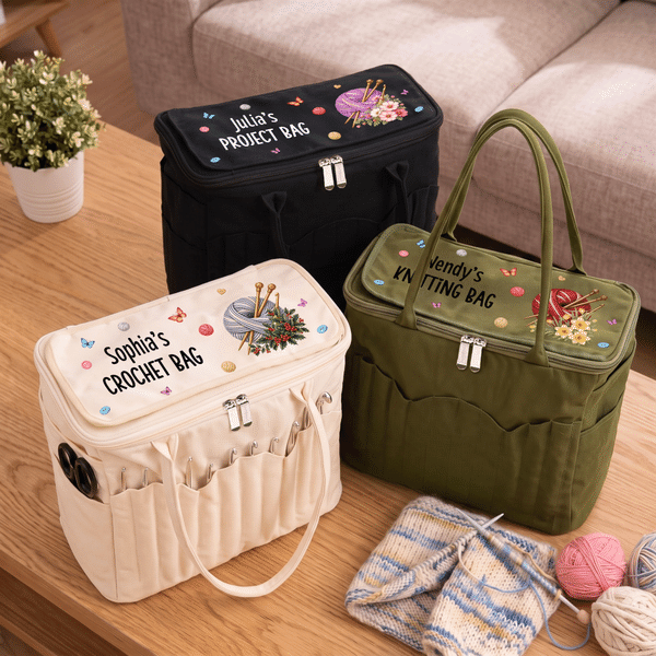 Personalized Birth Flower Yarn Pattern Multifunctional Canvas Storage Bag with Name and Text Sewing Birthday Gift for Knitting Lover Mother