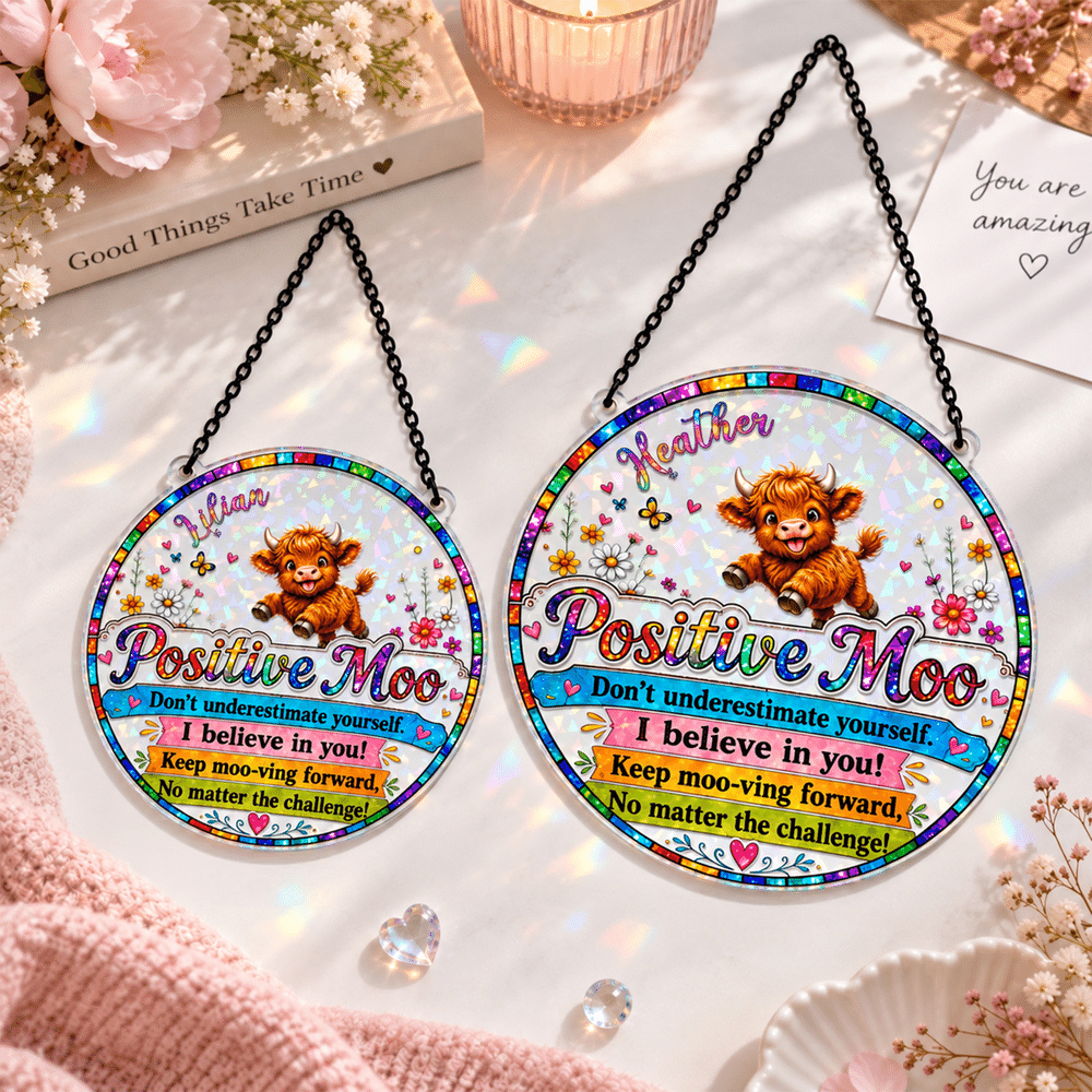 Personalized Colorful Highland Cow Positive Moo Floral Butterfly Sun Catcher with Name Birthday Housewarming Encouragement Gift for Women Friends 2