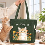 Personalised Watercolor Style Pet Photo Birth Flower Large Capacity Corduroy Tote Bag with Name Travel Essential Birthday Gift for Family Pet Lover