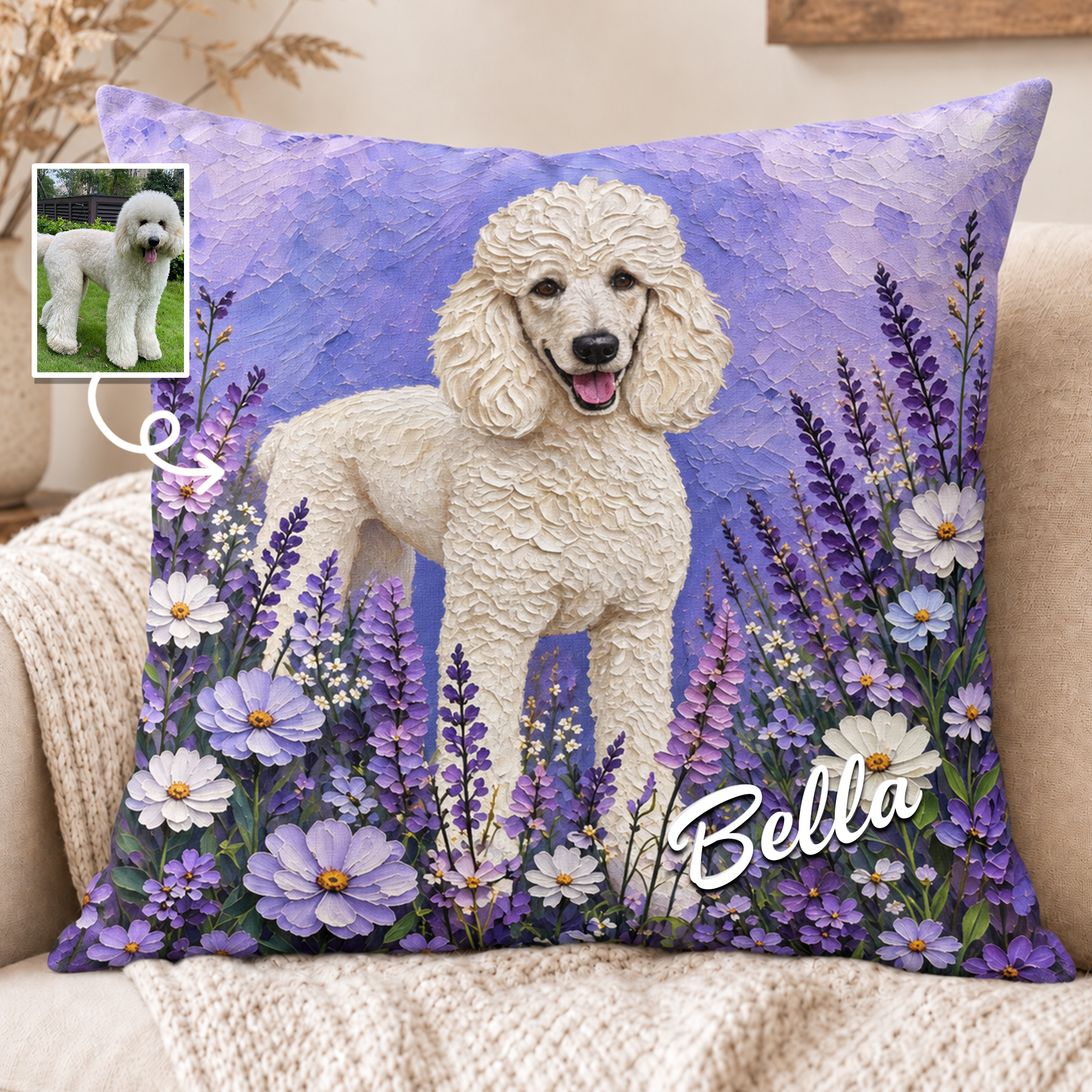 Individuell gestalteter Kissenbezug im Ölgemälde-Stil mit Haustierporträt und Blumenmotiv, mit Namen – Wohnaccessoire und Geburtstagsgeschenk für Haustierbesitzer und -liebhaber