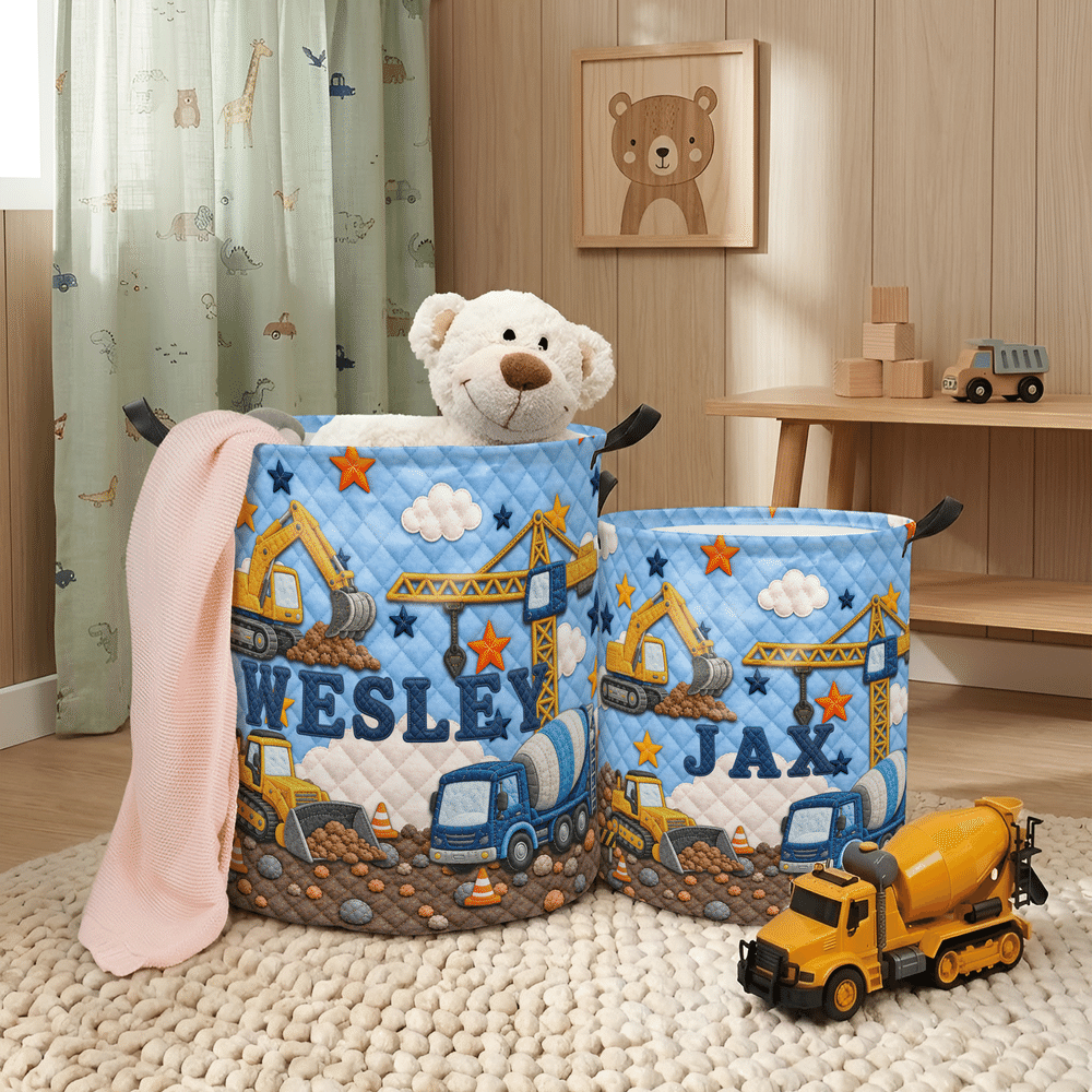 Cesto porta biancheria impermeabile personalizzato con motivo a veicoli da cantiere e effetto 3D, dotato di manico e nome; regalo per l'inaugurazione della casa o per il compleanno dei bambini 5