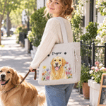 Personalised Watercolor Style Pet Photo Birth Flower Large Capacity Corduroy Tote Bag with Name Travel Essential Birthday Gift for Family Pet Lover