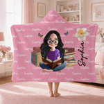 Personalised Birth Flower Reading Cartoon Character Soft Hooded Blanket with Name Birthday Gift for Book Lovers