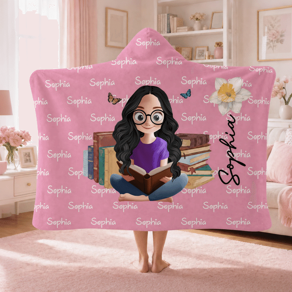 Personalised Birth Flower Reading Cartoon Character Soft Hooded Blanket with Name Birthday Gift for Book Lovers