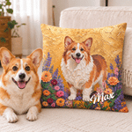 Housse de coussin décorative personnalisée, style peinture à l'huile, représentant un animal de compagnie et un motif floral, avec prénom – Décoration d'intérieur, cadeau d'anniversaire pour les propriétaires d'animaux et les amoureux des animaux