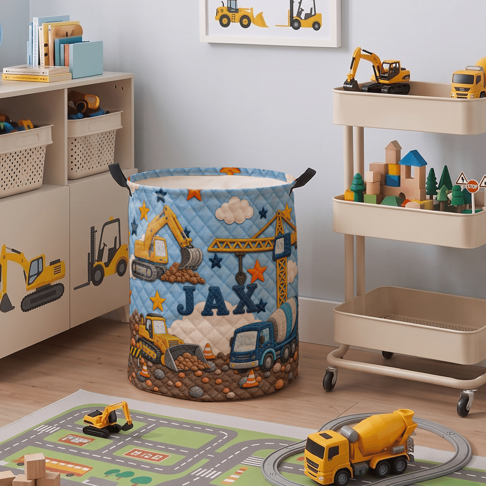Cesto porta biancheria impermeabile personalizzato con motivo a veicoli da cantiere e effetto 3D, dotato di manico e nome; regalo per l'inaugurazione della casa o per il compleanno dei bambini 6