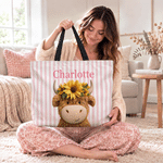 Personalised Cute Highland Cow Stripe Large Capacity Tote Bag with Name Daily Use Birthday Gift for Highland Cow Lovers Best Friends