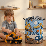 Cesto porta biancheria impermeabile personalizzato con motivo a veicoli da cantiere e effetto 3D, dotato di manico e nome; regalo per l'inaugurazione della casa o per il compleanno dei bambini 3
