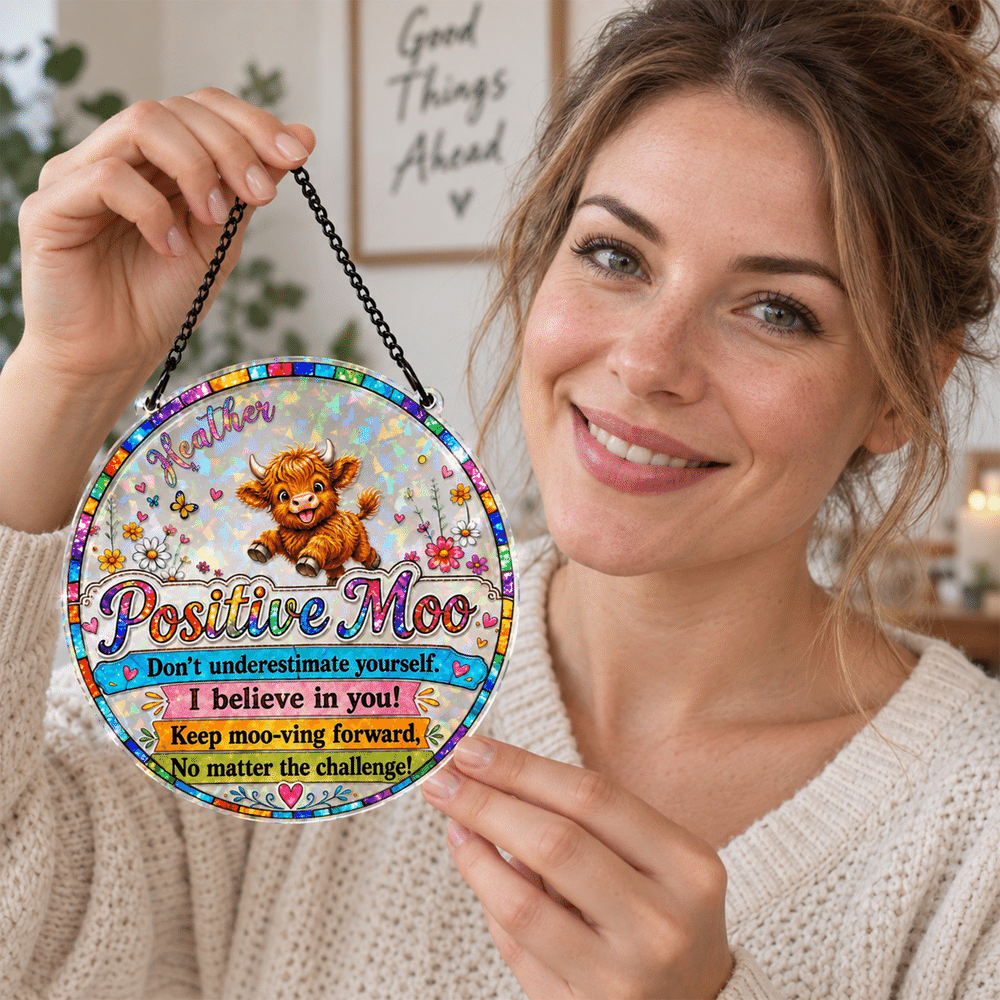 Personalized Colorful Highland Cow Positive Moo Floral Butterfly Sun Catcher with Name Birthday Housewarming Encouragement Gift for Women Friends 5