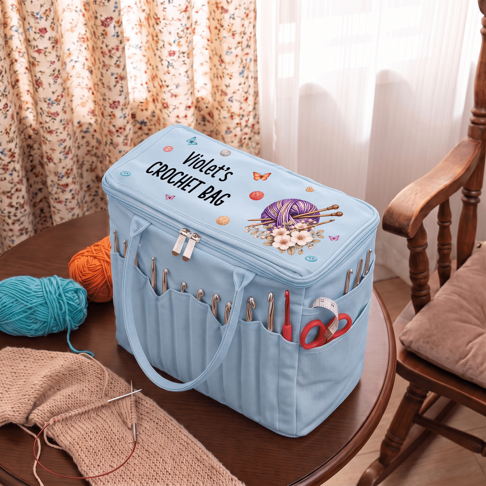 Personalized Birth Flower Yarn Pattern Multifunctional Canvas Storage Bag with Name and Text Sewing Birthday Gift for Knitting Lover Mother 3
