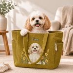 Personalised Watercolor Style Pet Photo Birth Flower Large Capacity Corduroy Tote Bag with Name Travel Essential Birthday Gift for Family Pet Lover