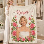 Couverture douillette personnalisée avec photo, motif « fleur de naissance » et nom, disponible en plusieurs tailles – Décoration d'intérieur, cadeau d'anniversaire ou de mariage pour fille, femme ou maman