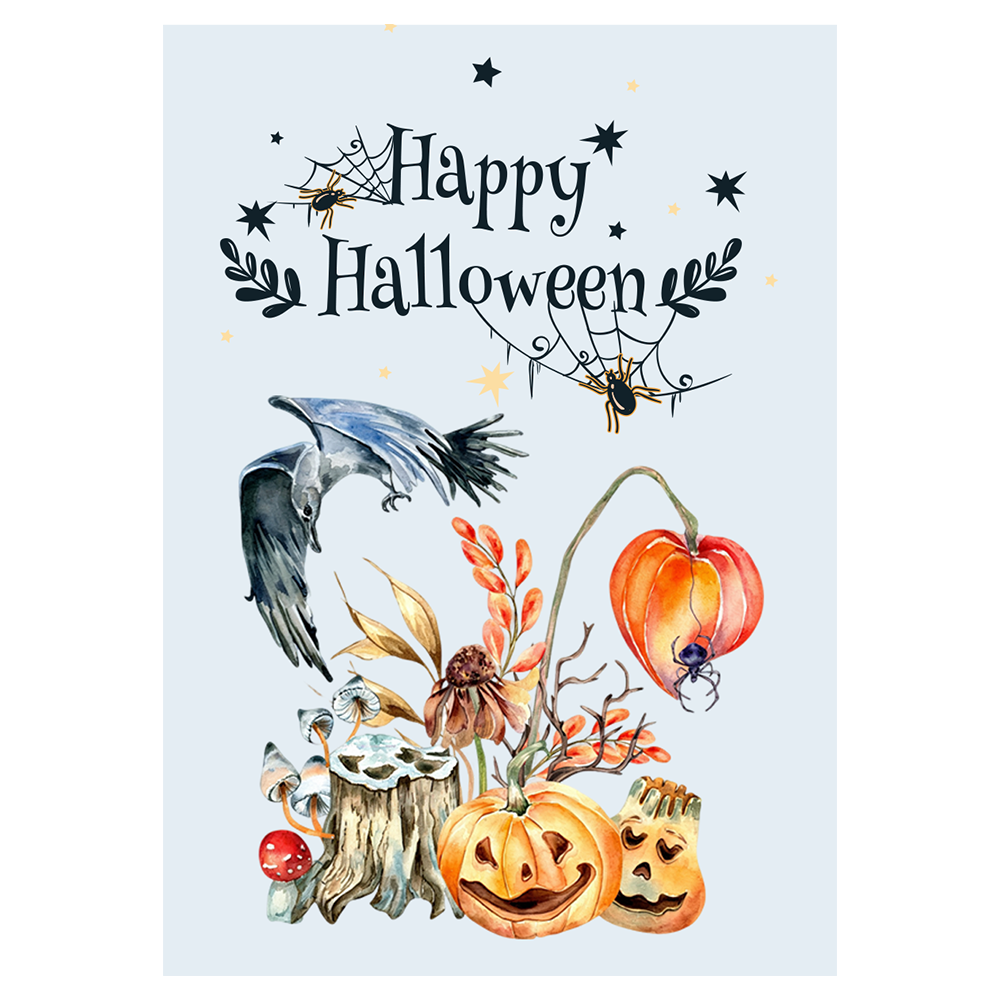 Watercolor Raven And Pumpkins Halloween Ecard