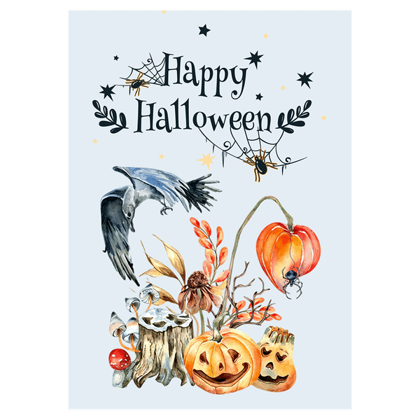 Watercolor Raven And Pumpkins Halloween Ecard