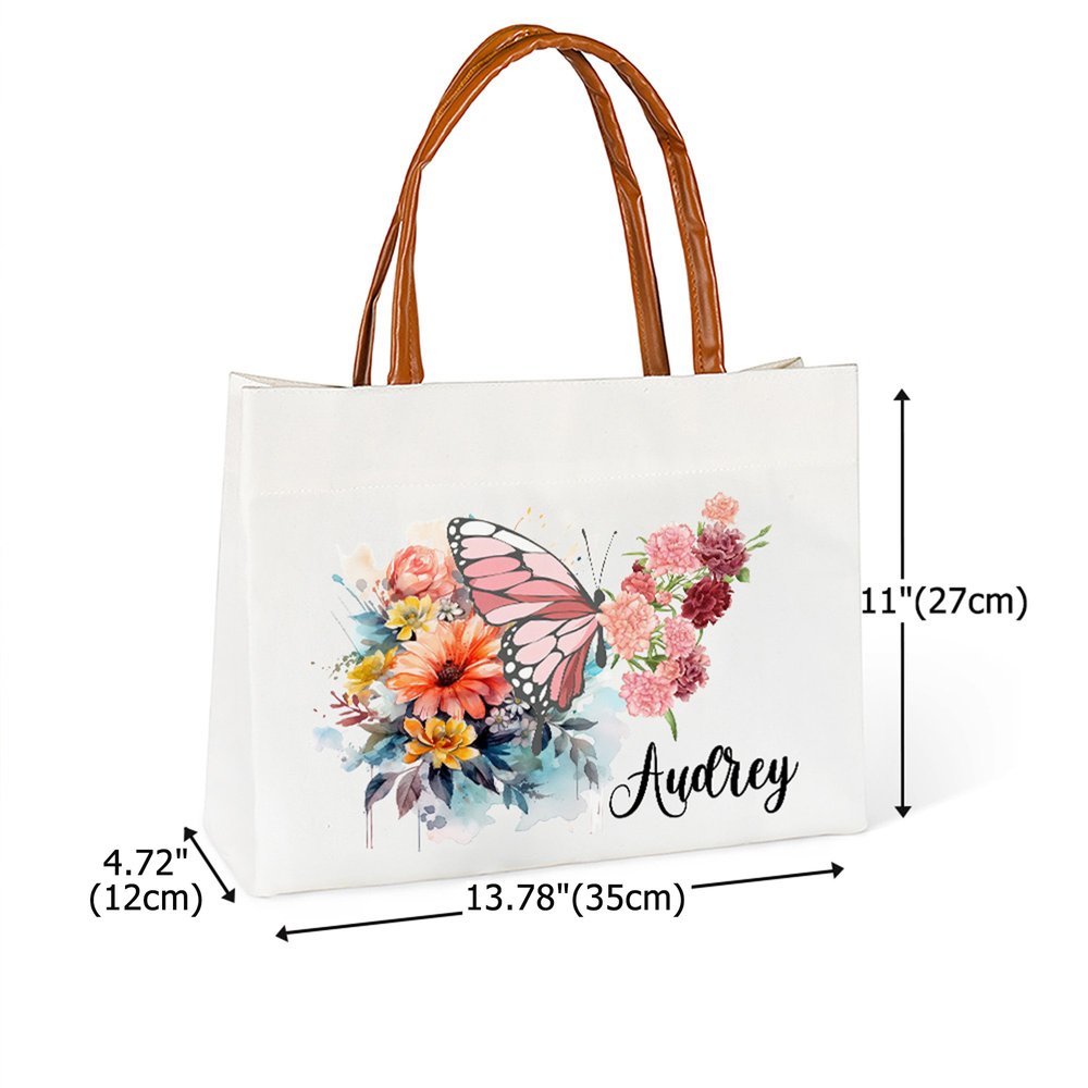 Personalised Birth Flower Butterfly Canvas Tote Bag with Name and Leather Handle Travel Essentials Birthday Anniversary Gift for Women 7