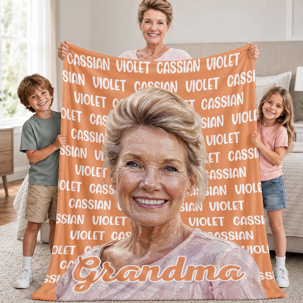 Personlig fototeppe i oljemaleri-stil med navn og kallenavn – interiør, bursdags- og julegave til bestemor, bestefar og familien 3