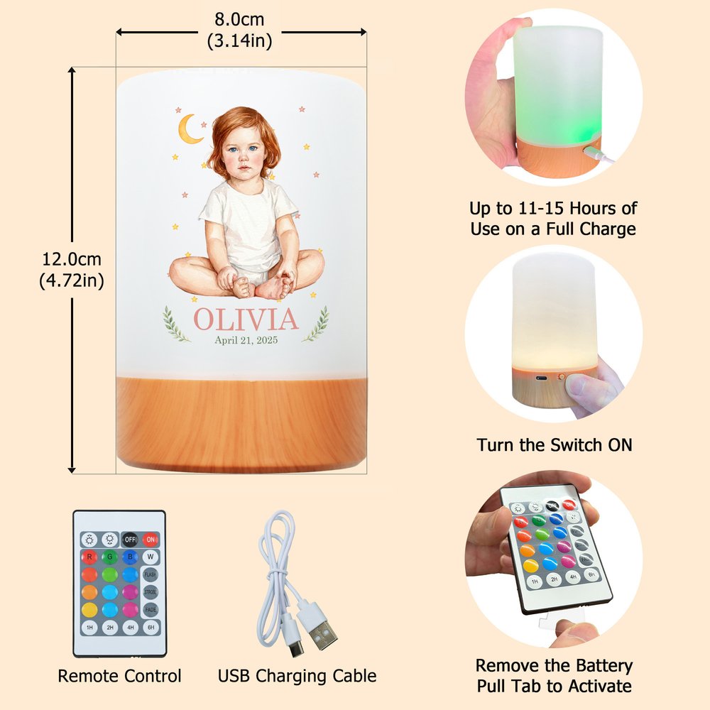 Personalized Watercolor Style Kid Photo Dimmable Touch Remote Control Night Light with Name and Text Nursery Decor Birthday Baby Shower Gift for Kids 9