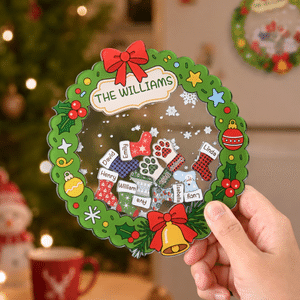 Personalised 3D Shaker Design Christmas Wreath Stocking Snow Acrylic Magnetic Fridge Magnet with Name Home Decor Christmas Gift for Family Friends