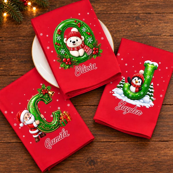 Personalised Reindeer Nutcracker Santa Initial 100% Cotton Napkins with Name Festive Table Decor Christmas Gift for Family Friend