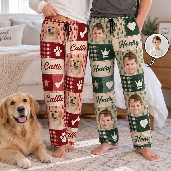 Pantalon de pyjama doux personnalisé à motif de cœurs multicolores en damier, avec nom, pour la maison. Cadeau d'anniversaire ou de Noël pour les amoureux des animaux de compagnie